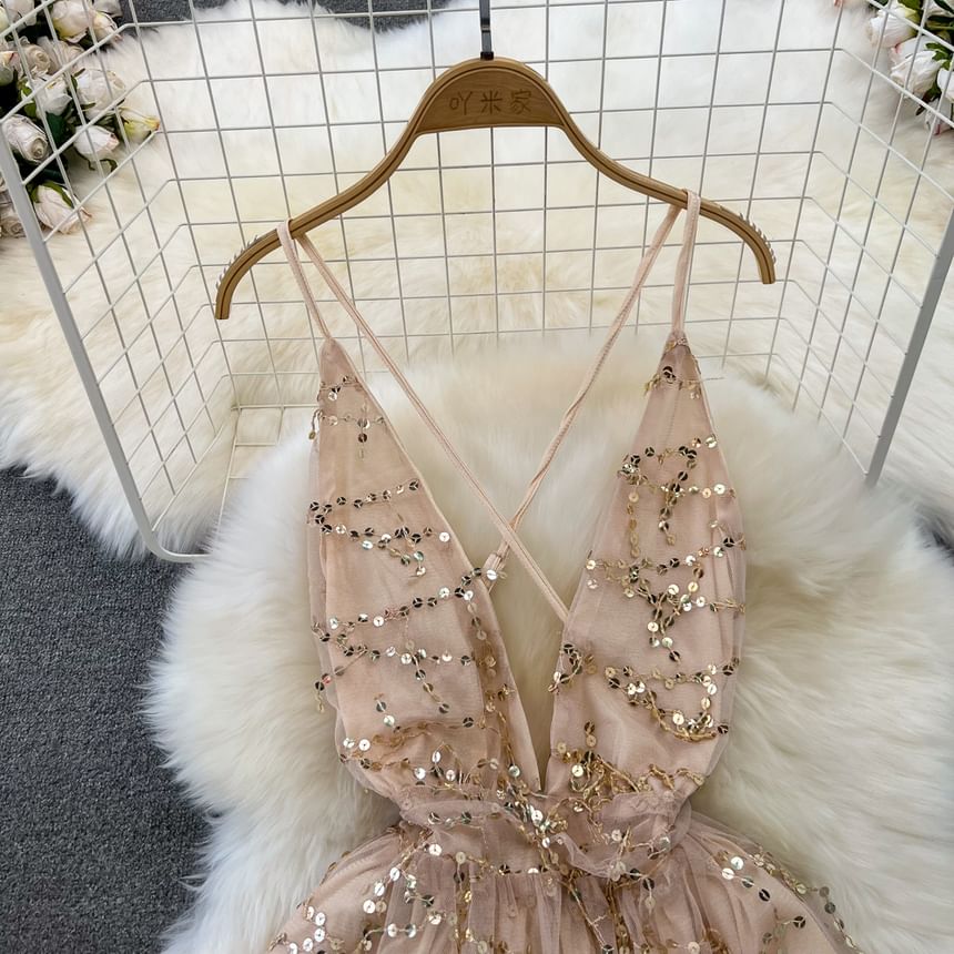 Spaghetti Strap V-Neck Sequin Open Back Mini Cocktail Dress