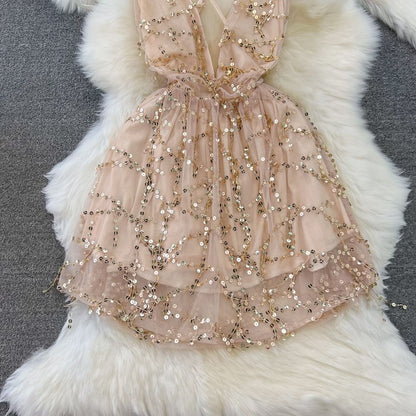 Spaghetti Strap V-Neck Sequin Open Back Mini Cocktail Dress