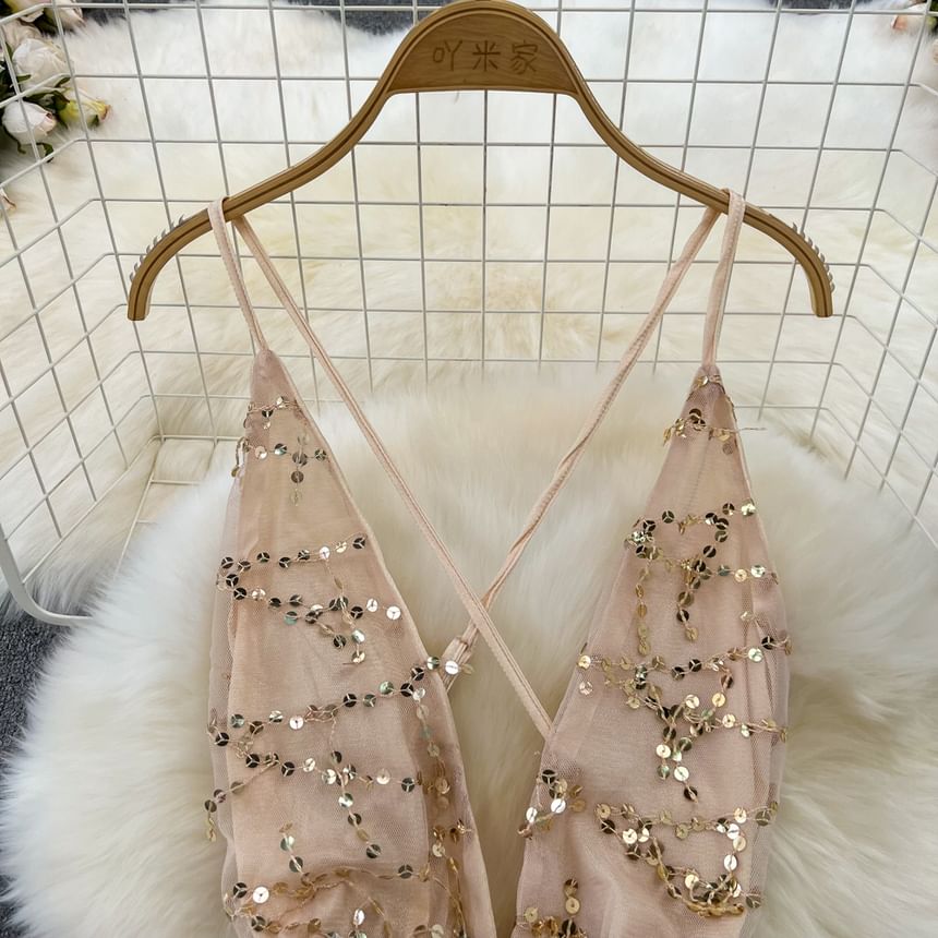 Spaghetti Strap V-Neck Sequin Open Back Mini Cocktail Dress