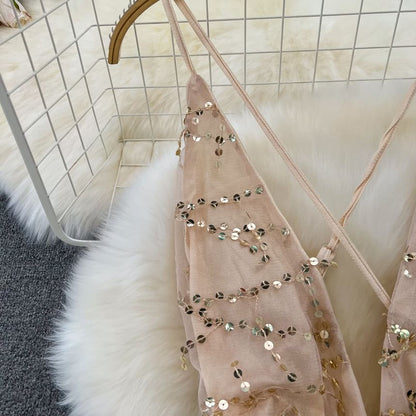 Spaghetti Strap V-Neck Sequin Open Back Mini Cocktail Dress