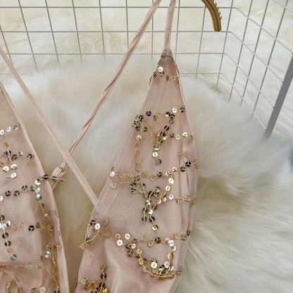 Spaghetti Strap V-Neck Sequin Open Back Mini Cocktail Dress