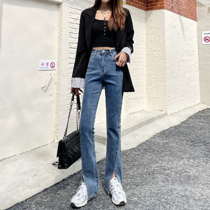 High Waist Washed Slim-Fit Boot-Cut Jeans