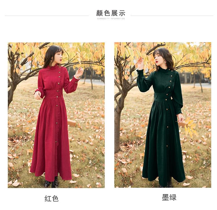 Puff-Sleeve High Neck Plain Ruffled Button-Up Midi A-Line Dress