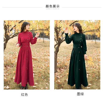 Puff-Sleeve High Neck Plain Ruffled Button-Up Midi A-Line Dress