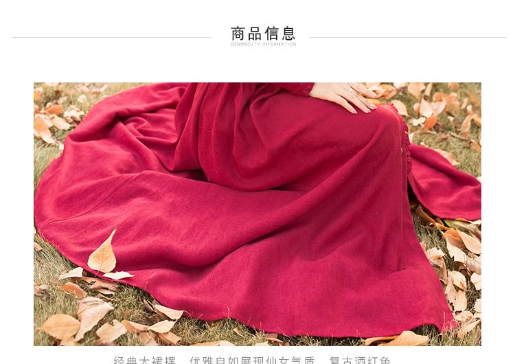 Puff-Sleeve High Neck Plain Ruffled Button-Up Midi A-Line Dress