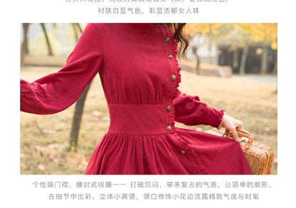 Puff-Sleeve High Neck Plain Ruffled Button-Up Midi A-Line Dress