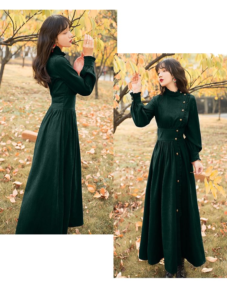 Puff-Sleeve High Neck Plain Ruffled Button-Up Midi A-Line Dress