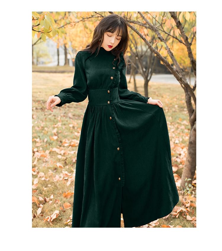 Puff-Sleeve High Neck Plain Ruffled Button-Up Midi A-Line Dress