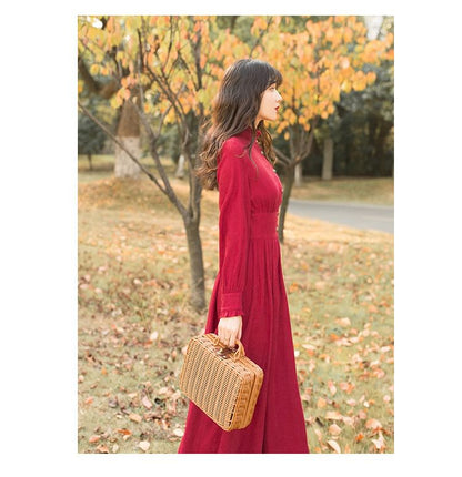 Puff-Sleeve High Neck Plain Ruffled Button-Up Midi A-Line Dress