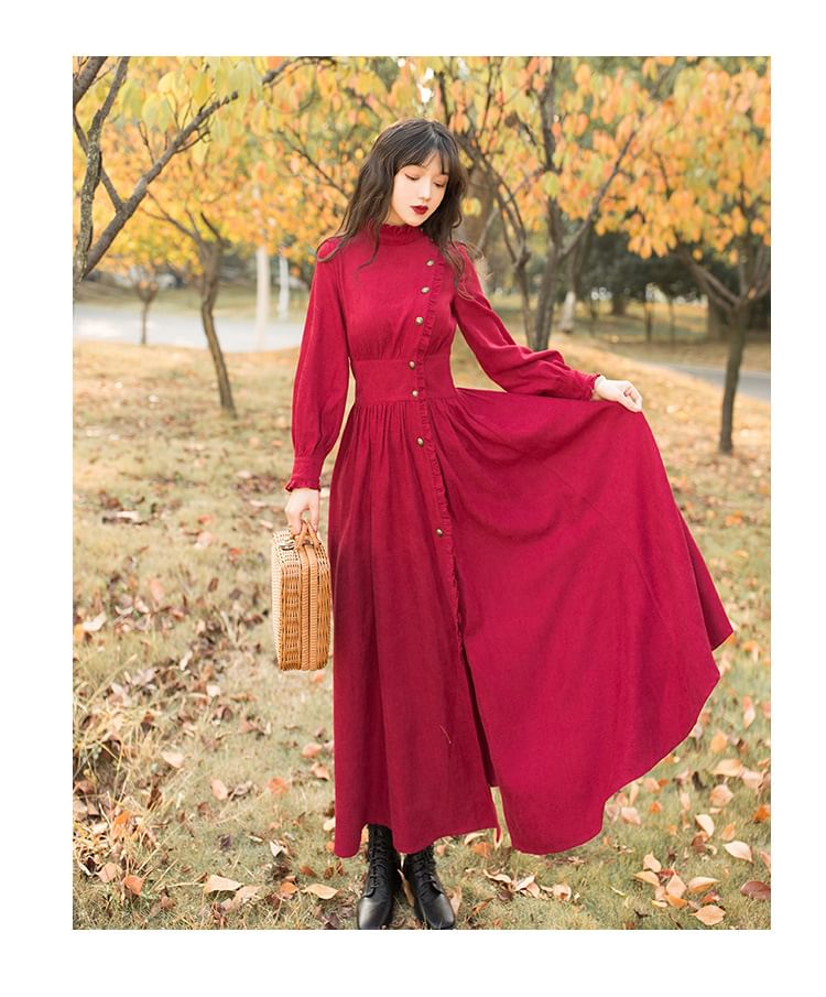 Puff-Sleeve High Neck Plain Ruffled Button-Up Midi A-Line Dress