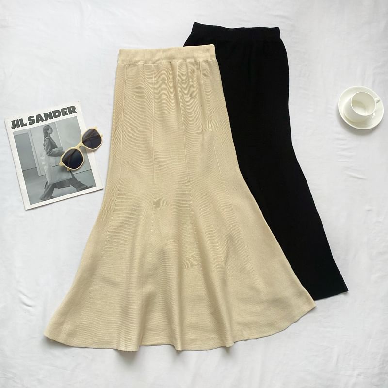 Elastic Waist Plain Midi Mermaid Knit Skirt