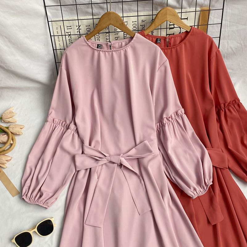 Long-Sleeve Crew Neck Plain Sashed Midi A-Line Dress