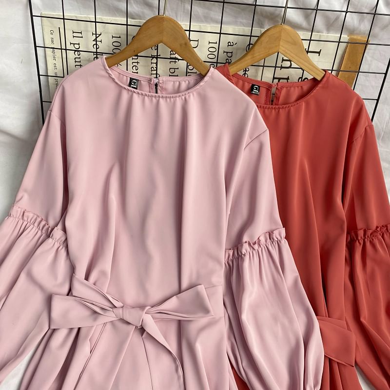 Long-Sleeve Crew Neck Plain Sashed Midi A-Line Dress