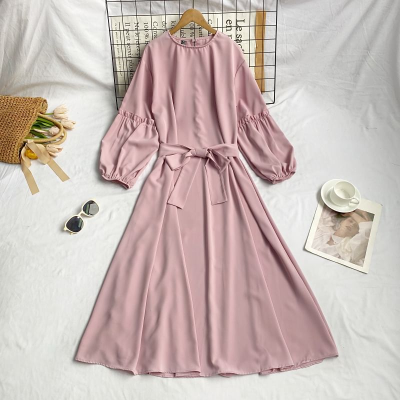 Long-Sleeve Crew Neck Plain Sashed Midi A-Line Dress