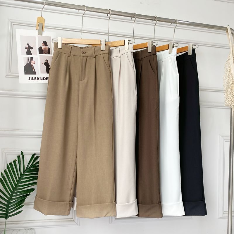 Pantalon habillé uni à taille élastique et ourlet retroussé