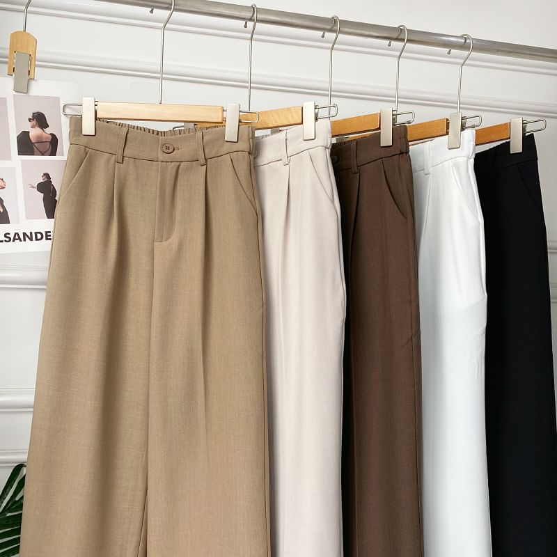 Pantalon habillé uni à taille élastique et ourlet retroussé