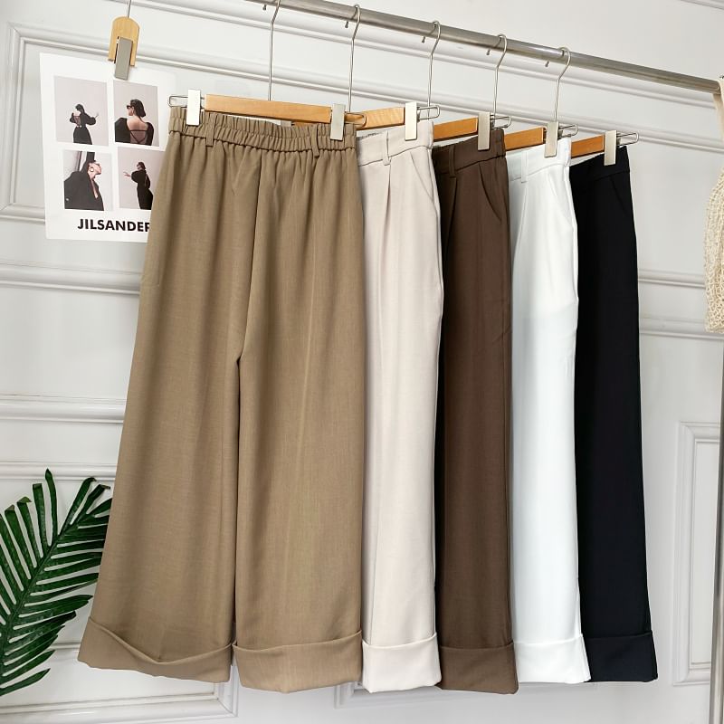 Pantalon habillé uni à taille élastique et ourlet retroussé