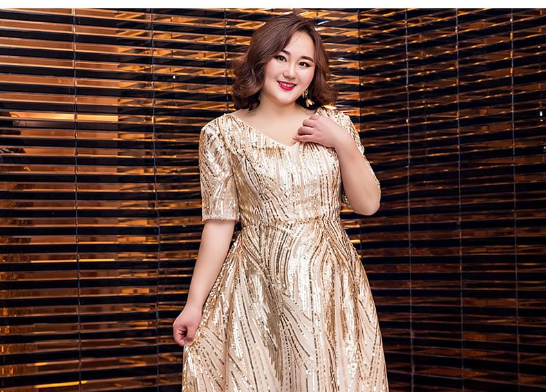 [2XL-6XL] Short-Sleeve V-Neck Shiny A-Line Evening Gown