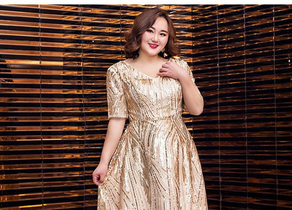 [2XL-6XL] Short-Sleeve V-Neck Shiny A-Line Evening Gown
