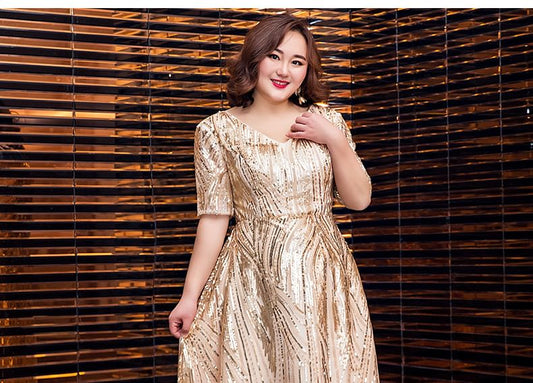 [2XL-6XL] Short-Sleeve V-Neck Shiny A-Line Evening Gown