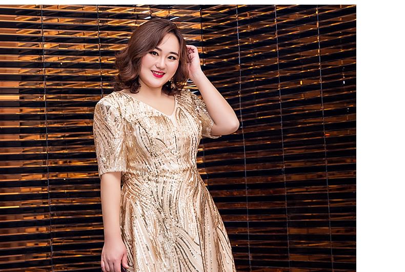 [2XL-6XL] Short-Sleeve V-Neck Shiny A-Line Evening Gown