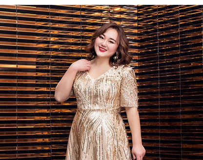 [2XL-6XL] Short-Sleeve V-Neck Shiny A-Line Evening Gown