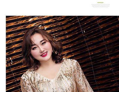 [2XL-6XL] Short-Sleeve V-Neck Shiny A-Line Evening Gown