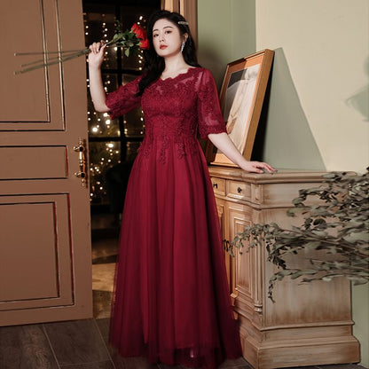 Evening Boatneck Plus Size A-Line Lace Elbow-Sleeve Gown