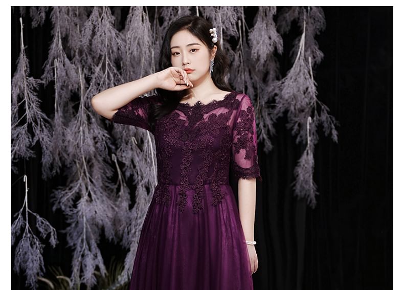 Evening Boatneck Plus Size A-Line Lace Elbow-Sleeve Gown