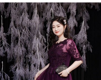 Evening Boatneck Plus Size A-Line Lace Elbow-Sleeve Gown