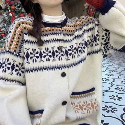 Crewneck Pattern Button-Up Cardigan