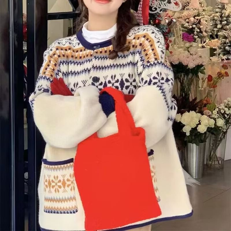 Crewneck Pattern Button-Up Cardigan