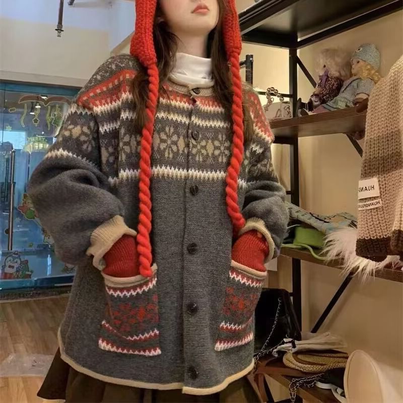 Crewneck Pattern Button-Up Cardigan