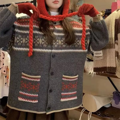 Crewneck Pattern Button-Up Cardigan