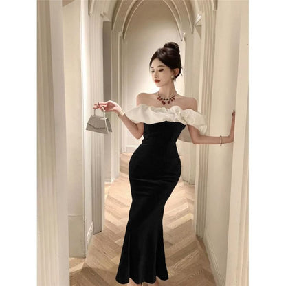 Off-Shoulder Puff-Sleeve Two-Tone Ruffled Velvet Mermaid Cocktail Dress