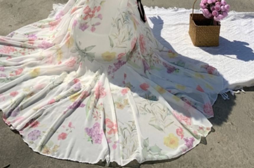 Spaghetti Strap Floral Print Maxi Sheath Dress