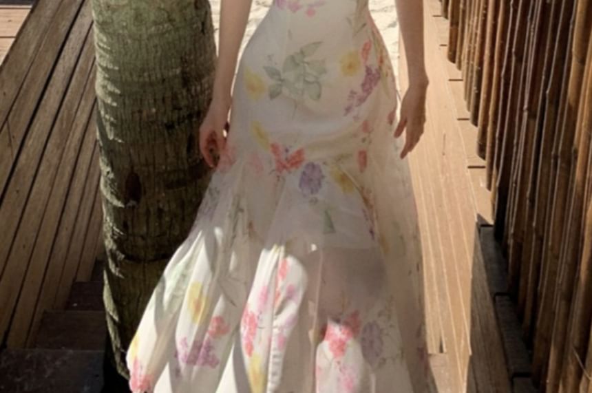 Spaghetti Strap Floral Print Maxi Sheath Dress