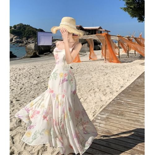 Spaghetti Strap Floral Print Maxi Sheath Dress