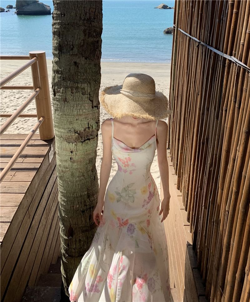 Spaghetti Strap Floral Print Maxi Sheath Dress