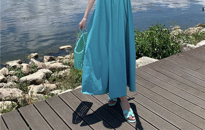 Halter Neck Open Back Plain Midi A-Line Dress