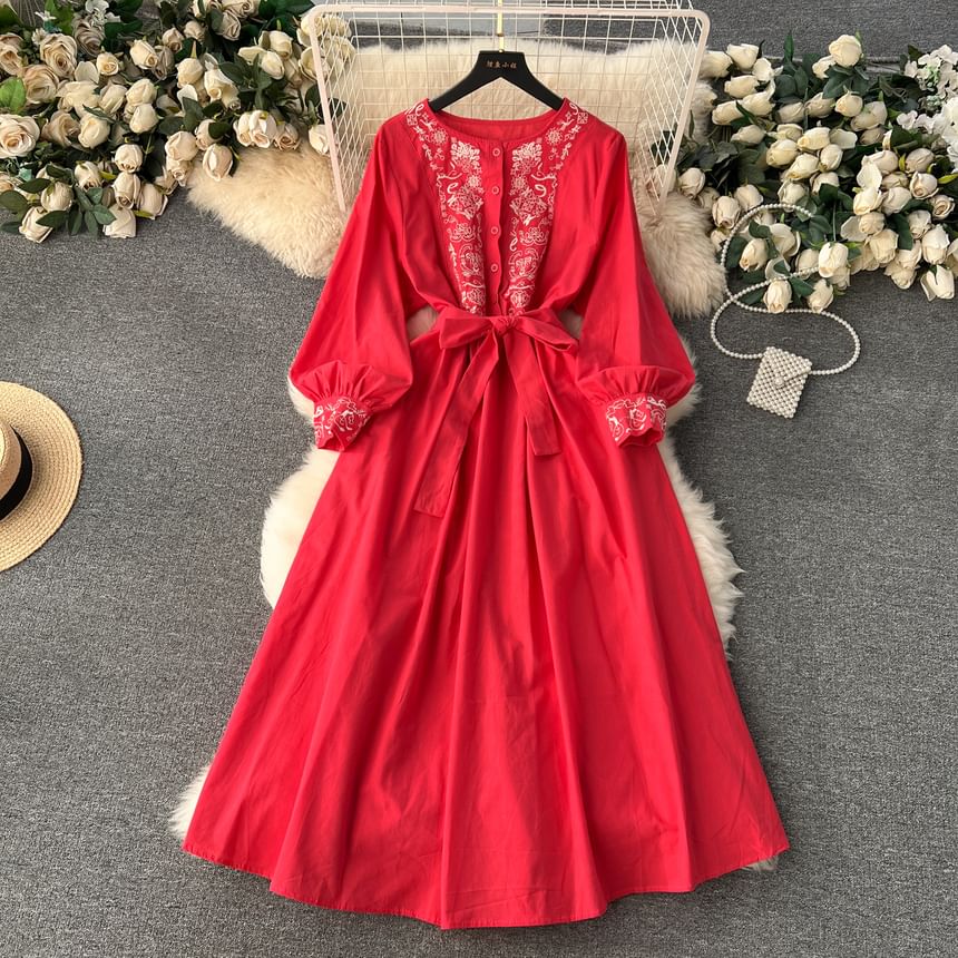 Long-Sleeve Round Neck Embroidered Button Tie-Waist Maxi A-Line Dress