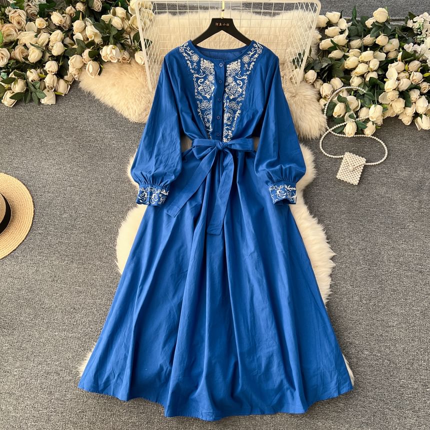 Long-Sleeve Round Neck Embroidered Button Tie-Waist Maxi A-Line Dress