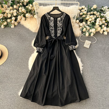 Long-Sleeve Round Neck Embroidered Button Tie-Waist Maxi A-Line Dress