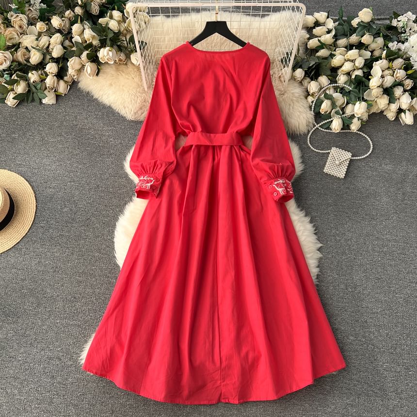 Long-Sleeve Round Neck Embroidered Button Tie-Waist Maxi A-Line Dress