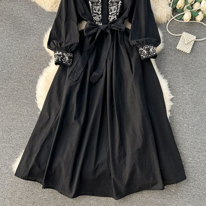 Long-Sleeve Round Neck Embroidered Button Tie-Waist Maxi A-Line Dress