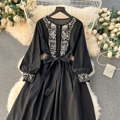 Long-Sleeve Round Neck Embroidered Button Tie-Waist Maxi A-Line Dress