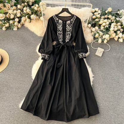 Long-Sleeve Round Neck Embroidered Button Tie-Waist Maxi A-Line Dress