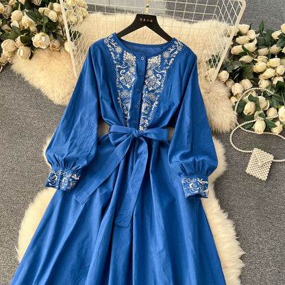 Long-Sleeve Round Neck Embroidered Button Tie-Waist Maxi A-Line Dress