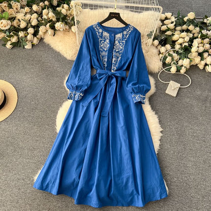 Long-Sleeve Round Neck Embroidered Button Tie-Waist Maxi A-Line Dress