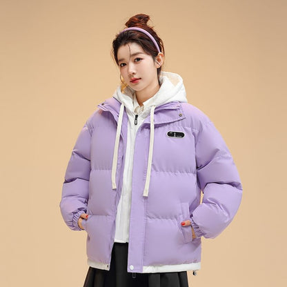 Mock Two-Piece Two-Tone Padded Hooded Drawstring Zip Jacket